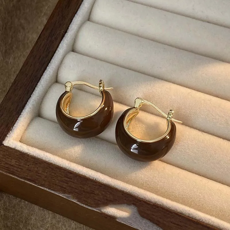 Temperament Vintage Brown Enamel Zircon Hoop Earrings for Women Exquisite Stainless Steel Beaded Wedding Bride Jewelry Accessory