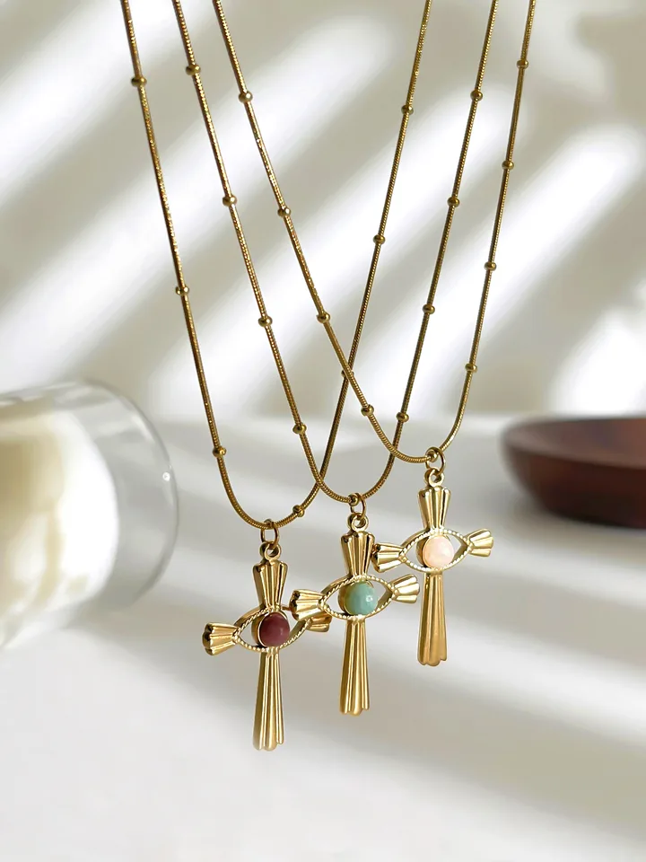 Peri'sbox Fashion Devil's Eye Natural Stone Cross Pendant Women Necklace Punk Style 18kGold Plated Bead Chain Party Jewelry Gift