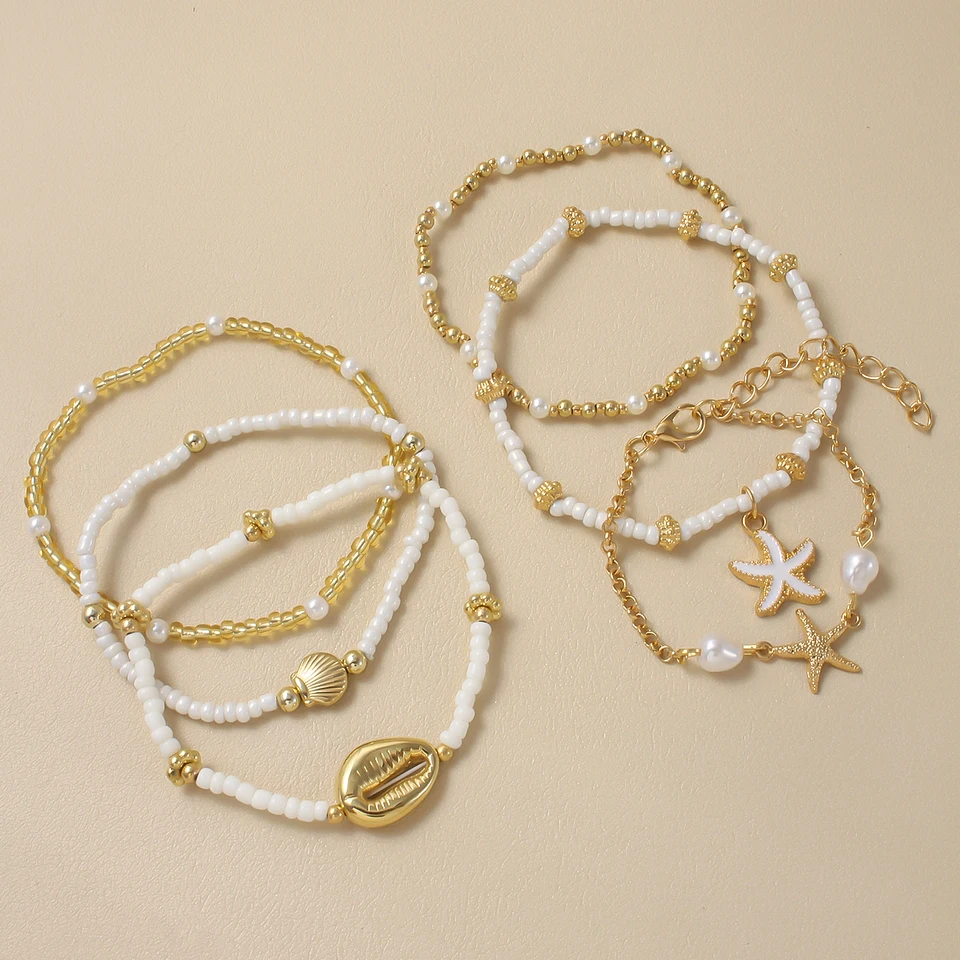Vintage Seed Bead Stacked Bracelet Set Starfish Shell Embellishment Bracelets Elegant Women's Summer Beach Party Ideal Jewelry