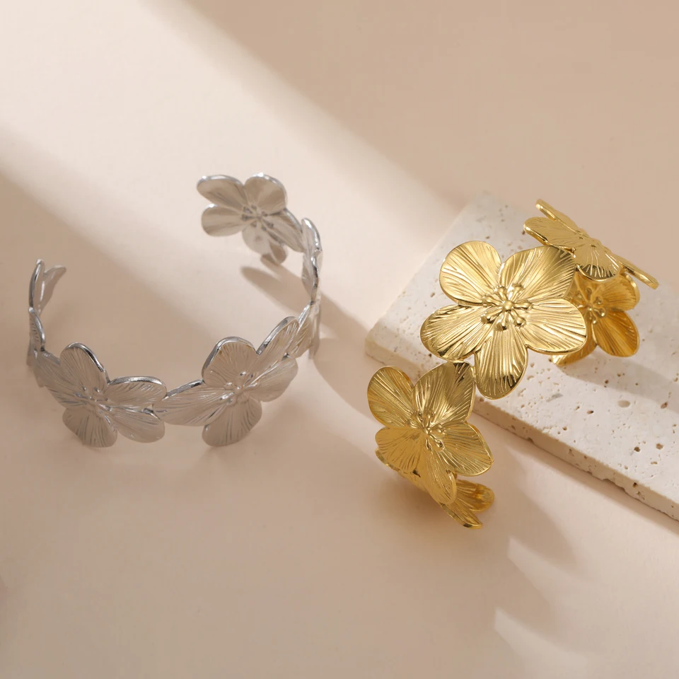 Teamer Fashion Big Flowers Cuff Bracelet for Women Stainless Steel Gold Color Bangle Bohemian Jewelry Wedding Gift