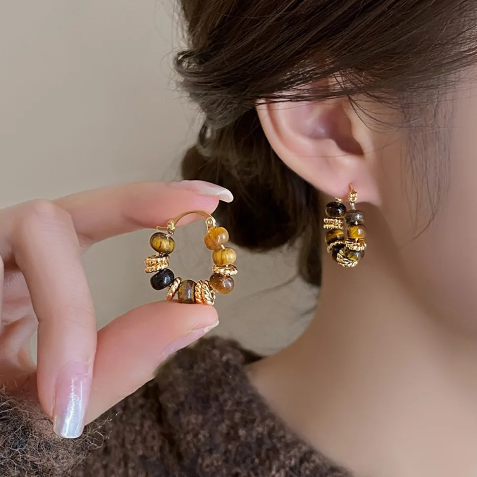 Temperament Vintage Brown Enamel Zircon Hoop Earrings for Women Exquisite Stainless Steel Beaded Wedding Bride Jewelry Accessory