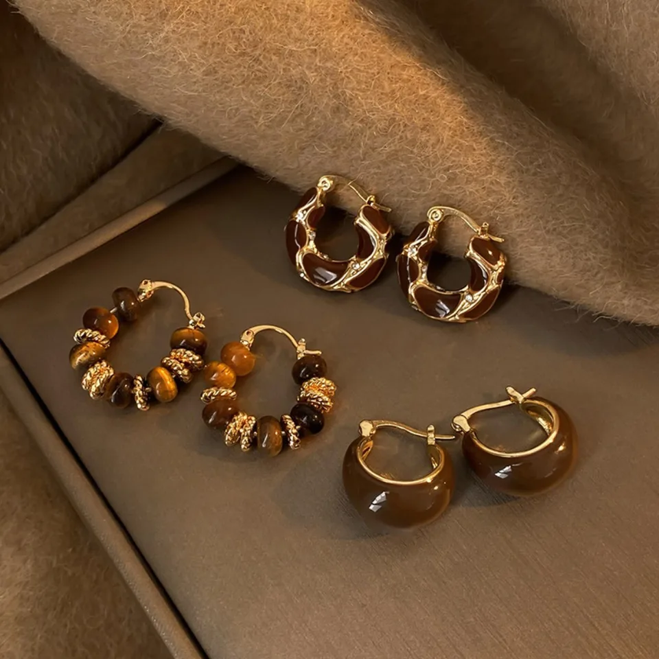 Temperament Vintage Brown Enamel Zircon Hoop Earrings for Women Exquisite Stainless Steel Beaded Wedding Bride Jewelry Accessory