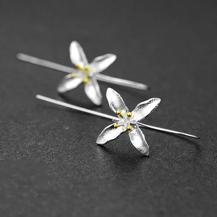 New 925 Sterling Silver Drop Earrings Golden Flower Petal Pearl Elegant For Women Girl Gift Jewelry Dropshipping Wholesale