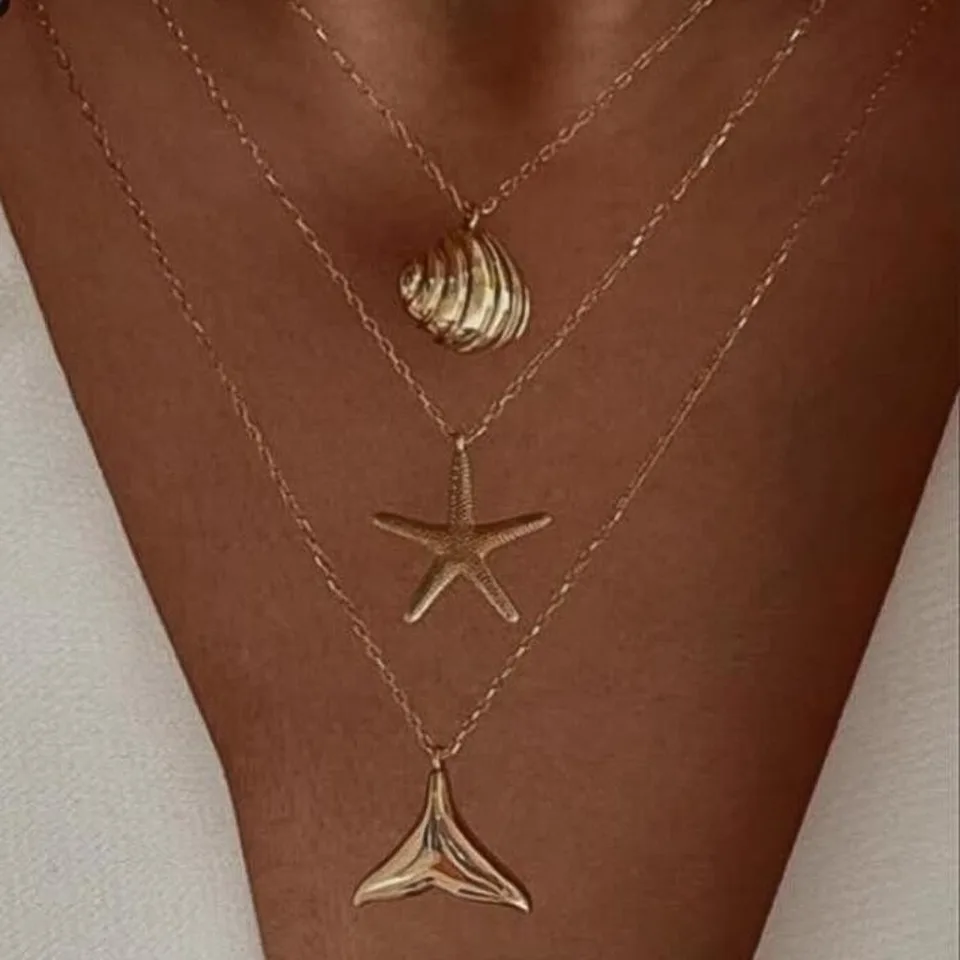 2pcs Set Fashion Boho Gold Color Marine Shell Starfish Pendant Pearl Chain Multi-layer Fold Wear Necklace for Women Jewelry Sets