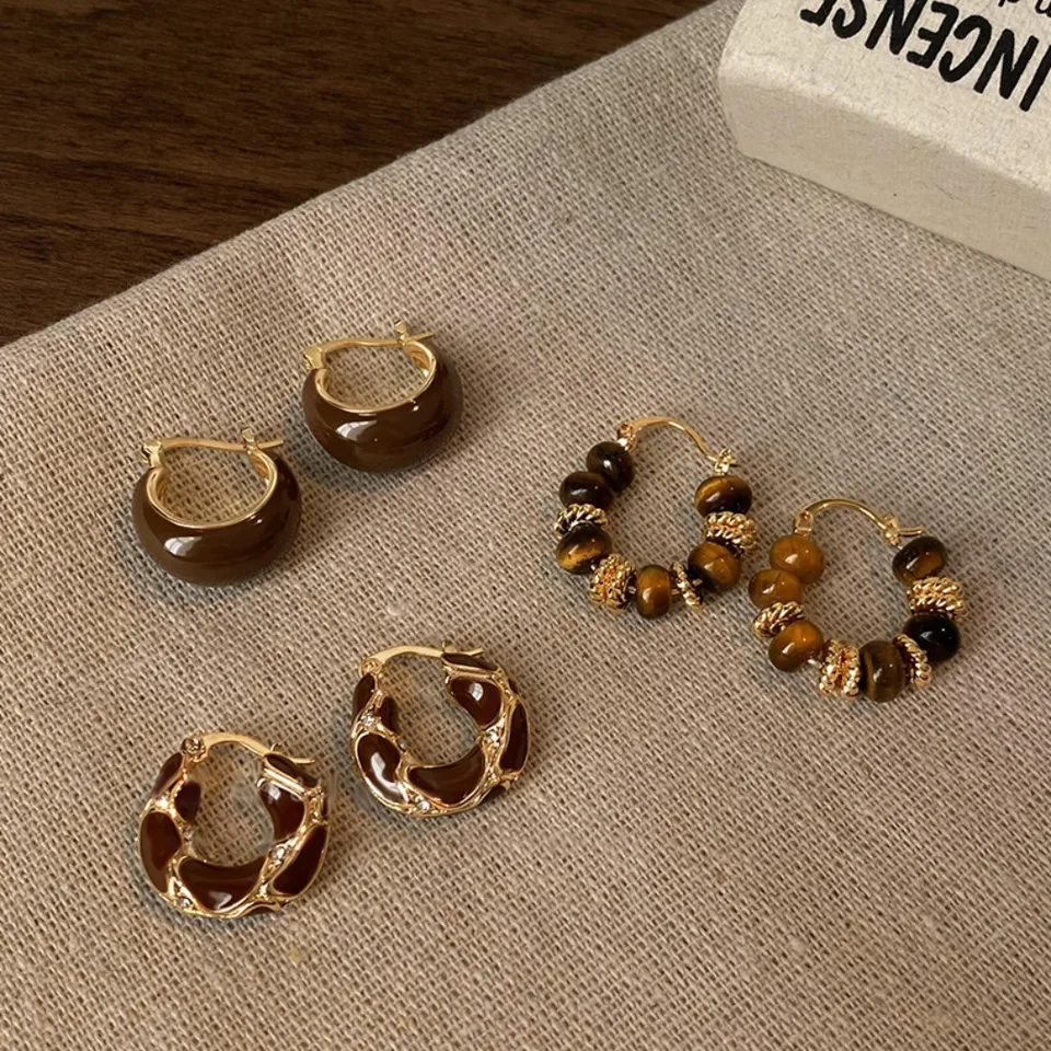 Temperament Vintage Brown Enamel Zircon Hoop Earrings for Women Exquisite Stainless Steel Beaded Wedding Bride Jewelry Accessory