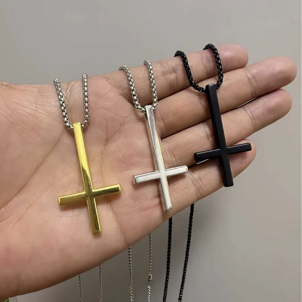 Hip Hop Punk Stainless Steel Inverted Cross Pendant Necklace for Men Women Men Trendy Personality Collar Chain Jewelry Gifts