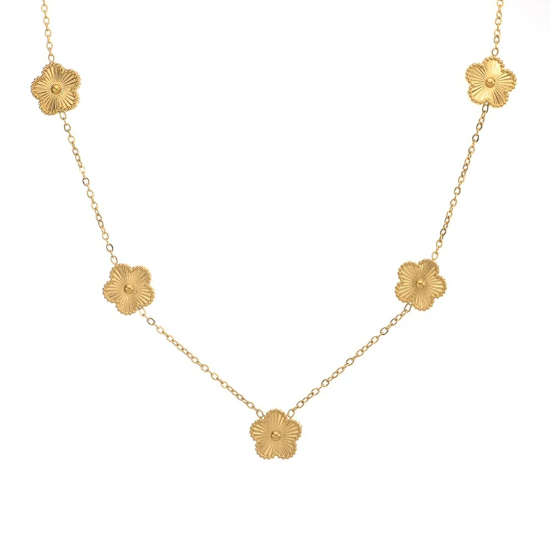 14K Gold Plated Stainless Steel Necklace Woman Five Leaf Petals Double Sided Necklaces for Women Pendant Flower Clover Jewelry
