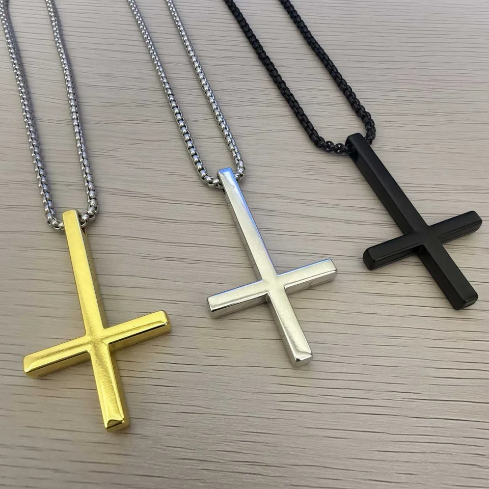 Hip Hop Punk Stainless Steel Inverted Cross Pendant Necklace for Men Women Men Trendy Personality Collar Chain Jewelry Gifts