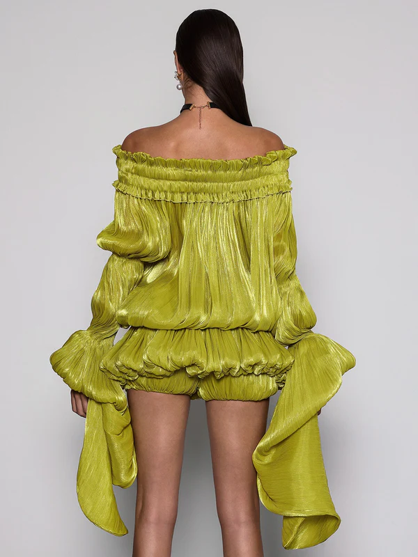 Salyxen Off Shoulder Ruched Dress Set In Chartreuse