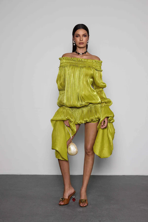 Salyxen Off Shoulder Ruched Dress Set In Chartreuse
