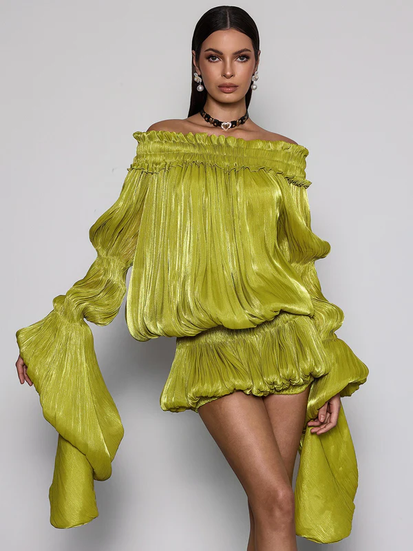 Salyxen Off Shoulder Ruched Dress Set In Chartreuse