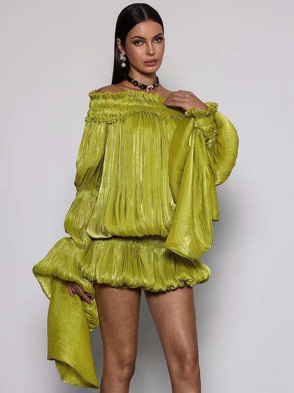 Salyxen Off Shoulder Ruched Dress Set In Chartreuse