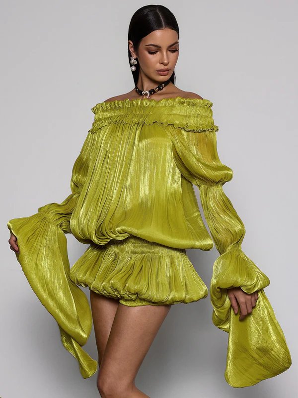 Salyxen Off Shoulder Ruched Dress Set In Chartreuse