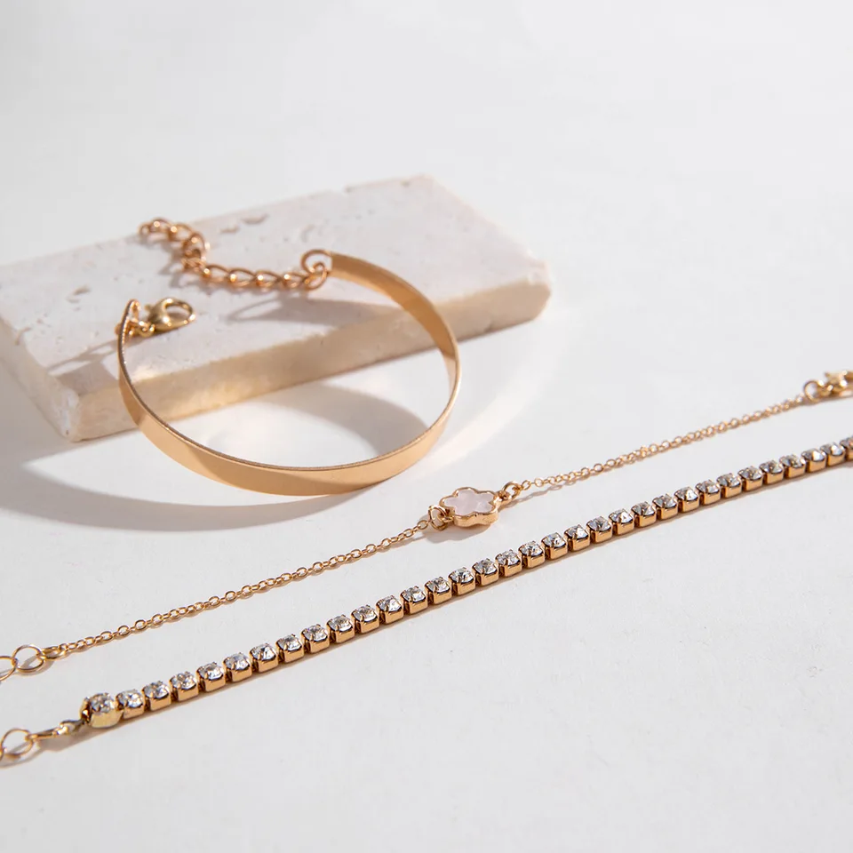 3Pcs/ Set Bohemia Minimalism Metal Rhinestone Chain Bracelet Set for Women Metal Bangle Gold Color Jewelry Gifts