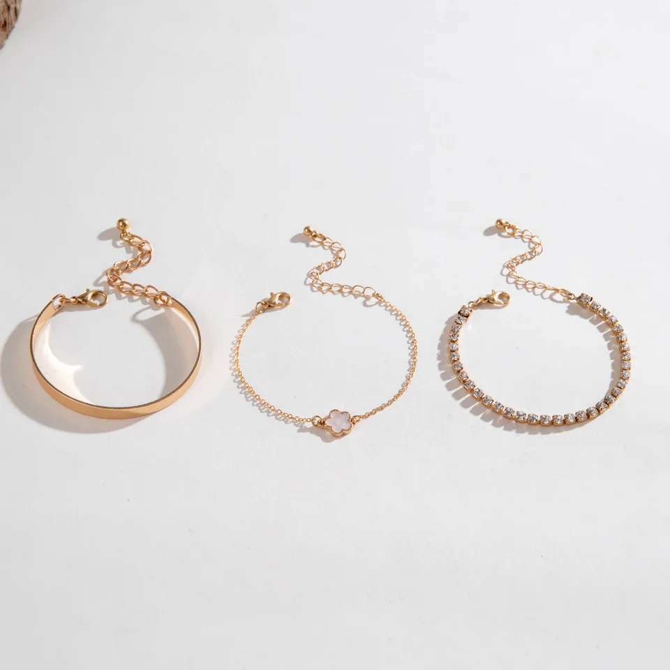 3Pcs/ Set Bohemia Minimalism Metal Rhinestone Chain Bracelet Set for Women Metal Bangle Gold Color Jewelry Gifts