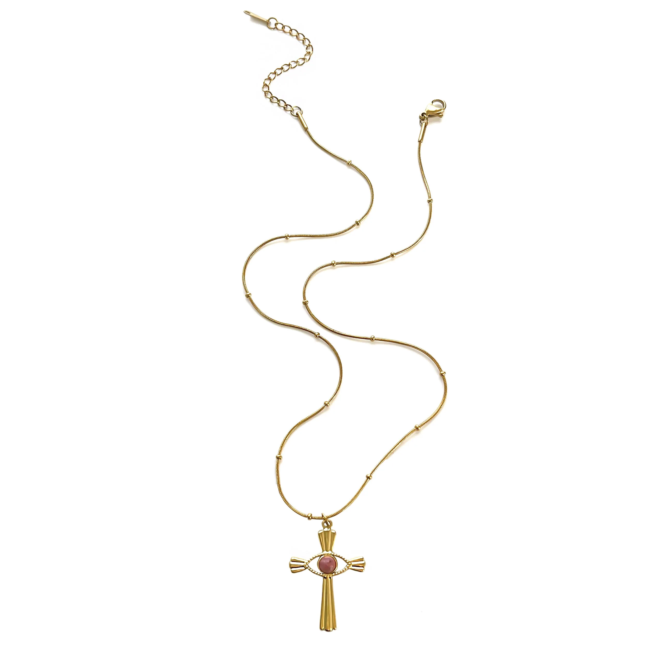 Peri'sbox Fashion Devil's Eye Natural Stone Cross Pendant Women Necklace Punk Style 18kGold Plated Bead Chain Party Jewelry Gift
