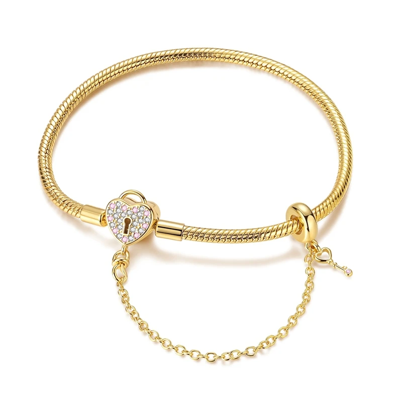 925 Sterling Silver Bracelets 17-20CM Original Golden Sparkling Heart Shaped Bracelet Fit DIY Charms Beads Fashion Women Jewelry