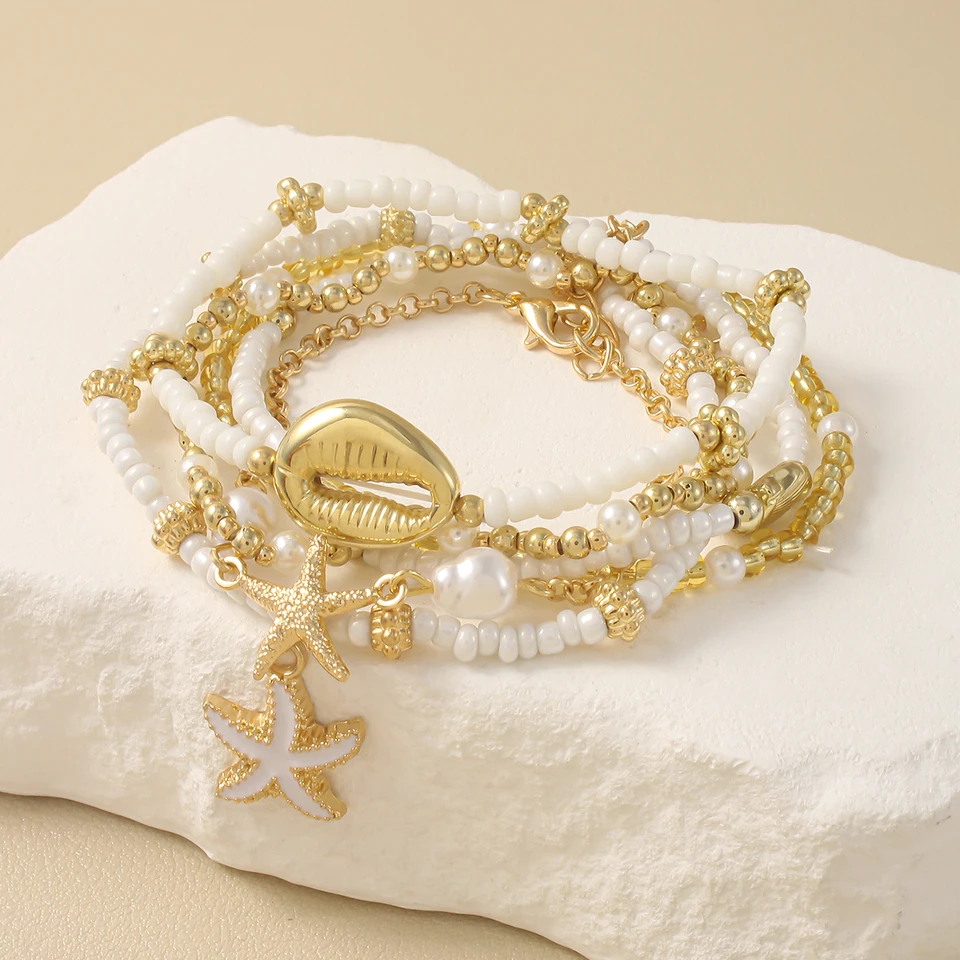 Vintage Seed Bead Stacked Bracelet Set Starfish Shell Embellishment Bracelets Elegant Women's Summer Beach Party Ideal Jewelry