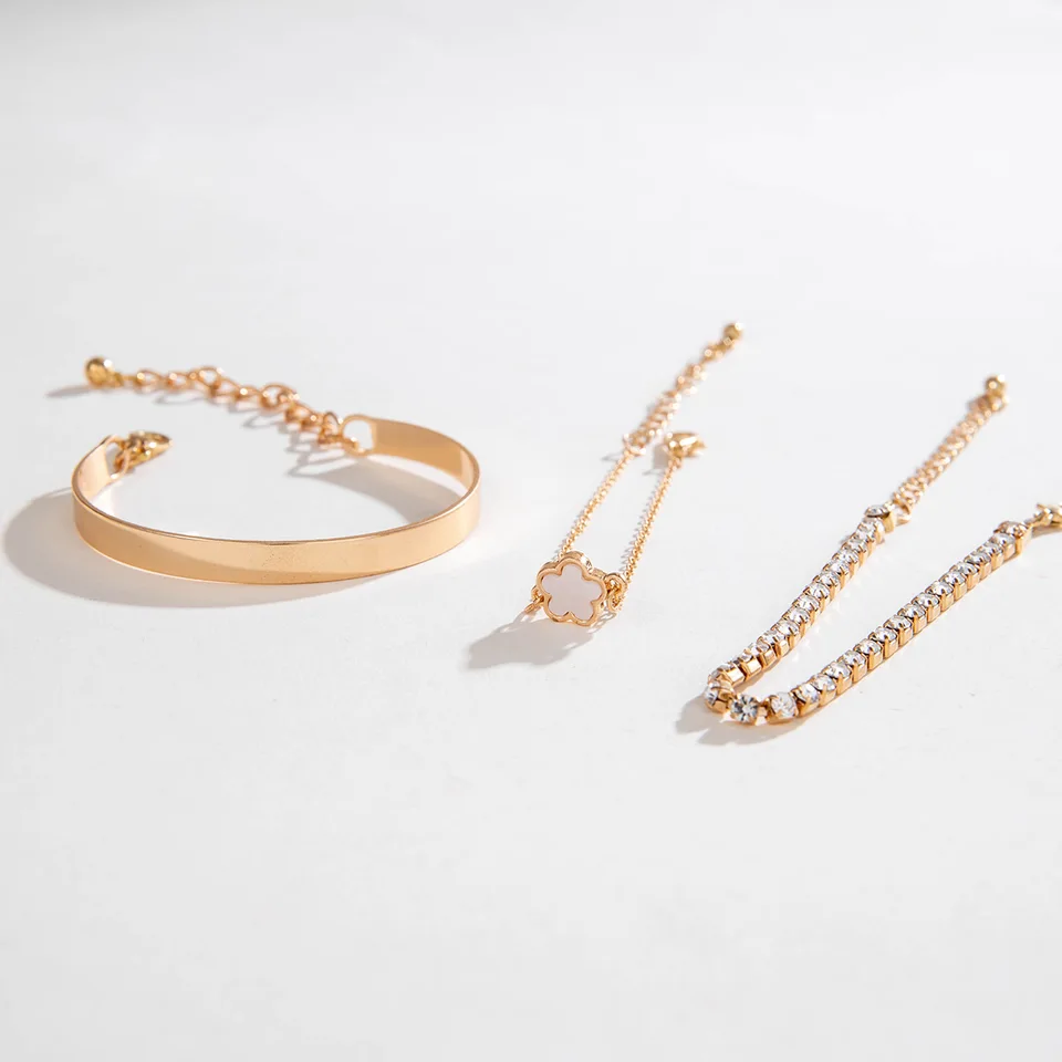 3Pcs/ Set Bohemia Minimalism Metal Rhinestone Chain Bracelet Set for Women Metal Bangle Gold Color Jewelry Gifts