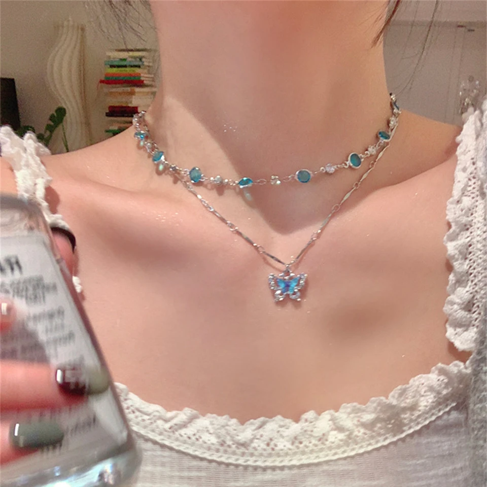 Romantic Blue Crystal Butterfly Necklace for Women Girls Bilayer Choker Clavicle Chain Fashion Delicate Zircon Sparkling Pendant