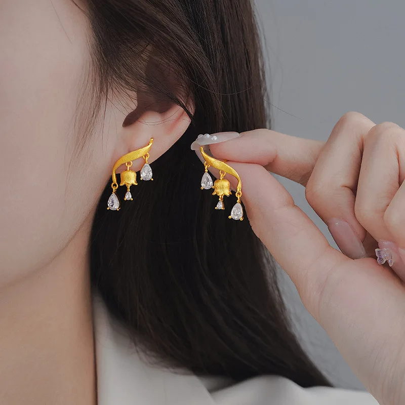 New 925 Sterling Silver Drop Earrings Golden Flower Petal Pearl Elegant For Women Girl Gift Jewelry Dropshipping Wholesale