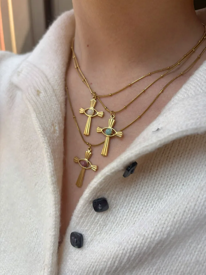 Peri'sbox Fashion Devil's Eye Natural Stone Cross Pendant Women Necklace Punk Style 18kGold Plated Bead Chain Party Jewelry Gift