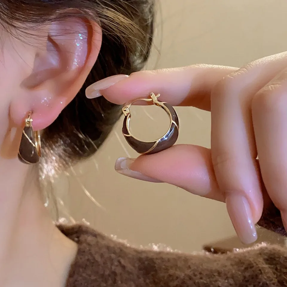 Temperament Vintage Brown Enamel Zircon Hoop Earrings for Women Exquisite Stainless Steel Beaded Wedding Bride Jewelry Accessory