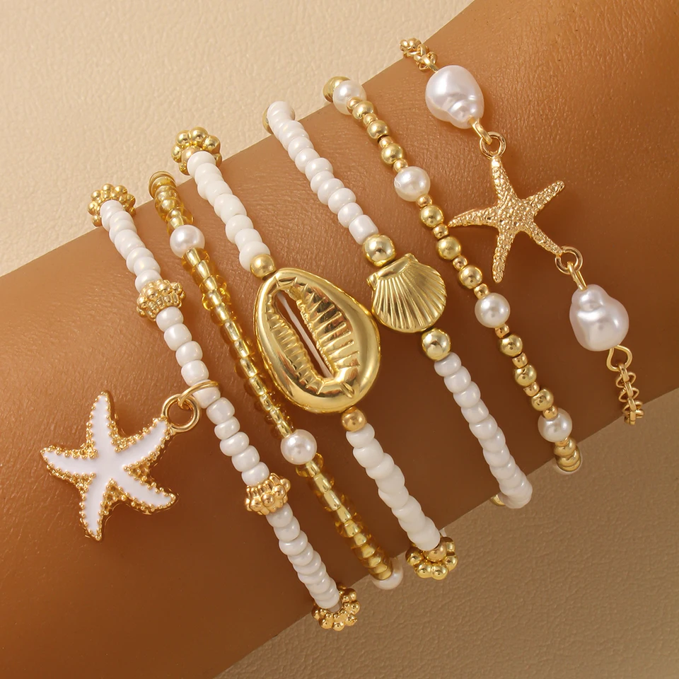 Vintage Seed Bead Stacked Bracelet Set Starfish Shell Embellishment Bracelets Elegant Women's Summer Beach Party Ideal Jewelry
