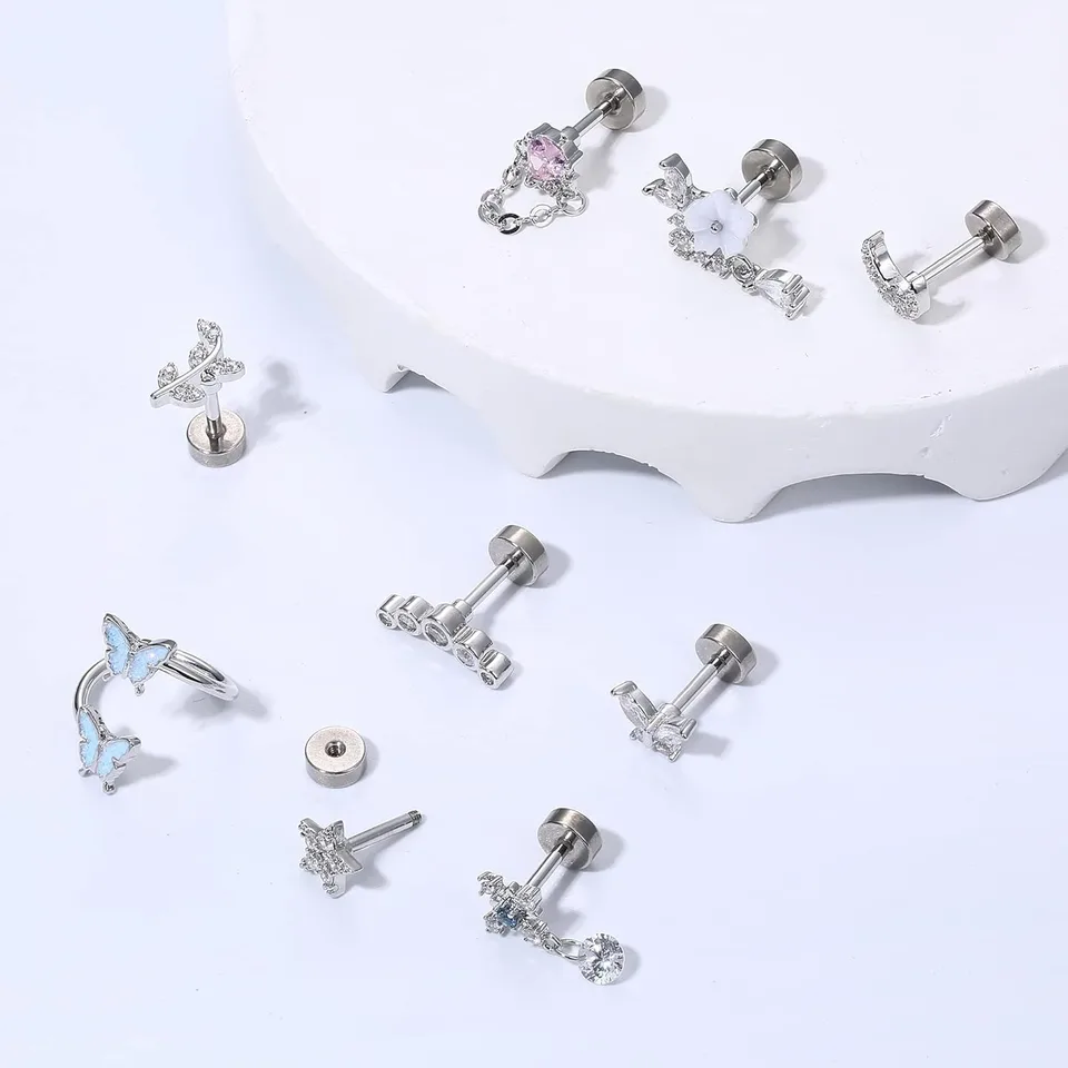 Bobisty 1PC 16G Cartilage Earrings Helix Earrings for Women Stainless Steel Helix Piercing Jewelry Leaf Butterfly CZ Studs
