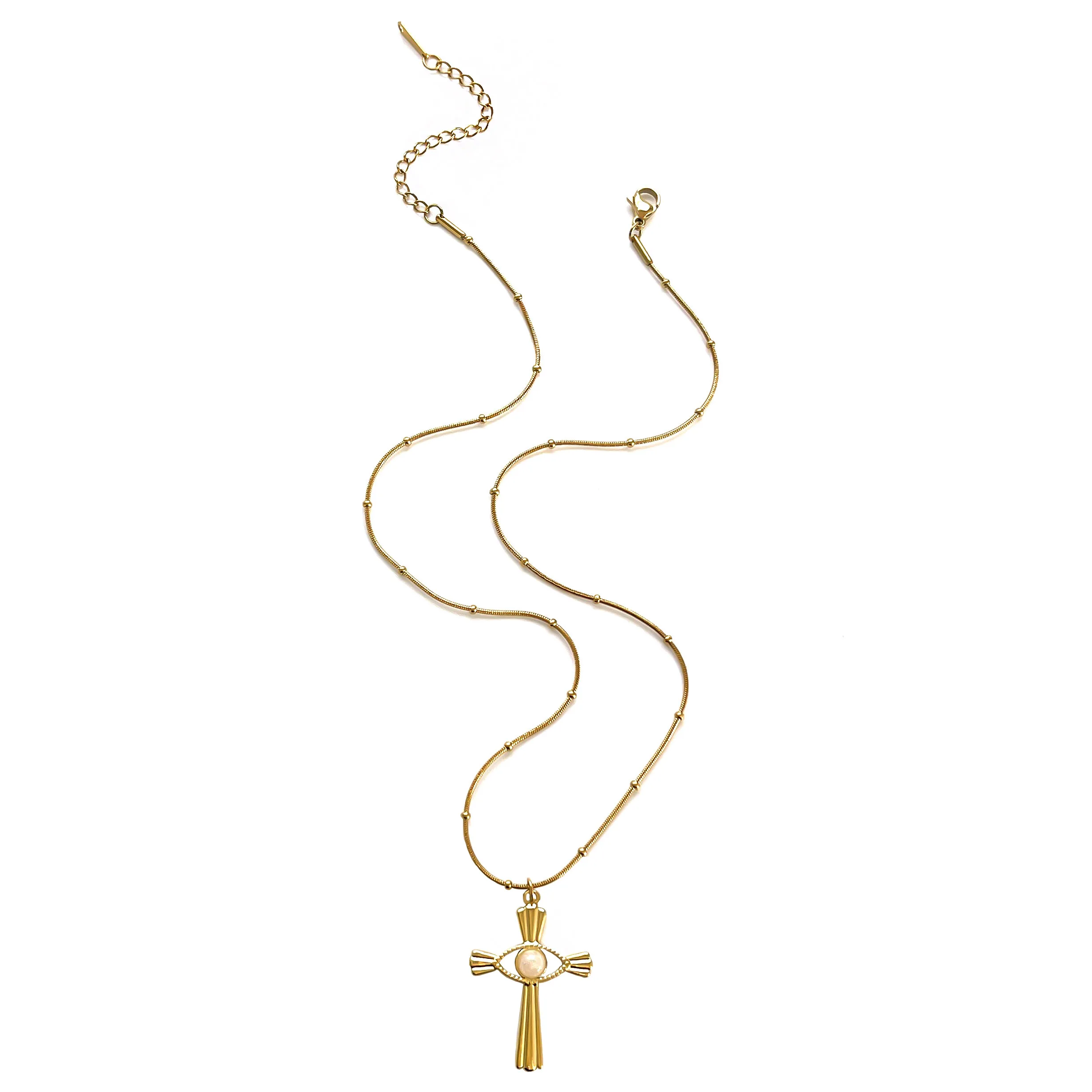 Peri'sbox Fashion Devil's Eye Natural Stone Cross Pendant Women Necklace Punk Style 18kGold Plated Bead Chain Party Jewelry Gift