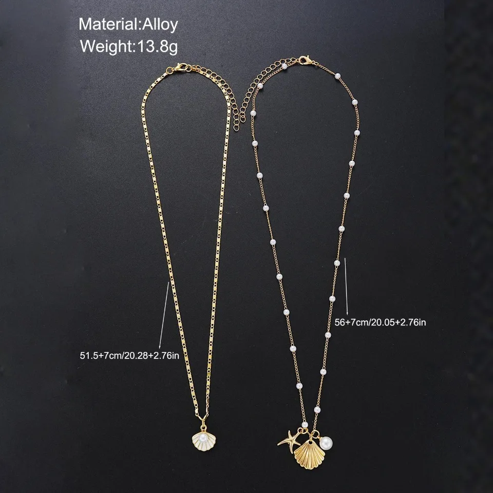 2pcs Set Fashion Boho Gold Color Marine Shell Starfish Pendant Pearl Chain Multi-layer Fold Wear Necklace for Women Jewelry Sets