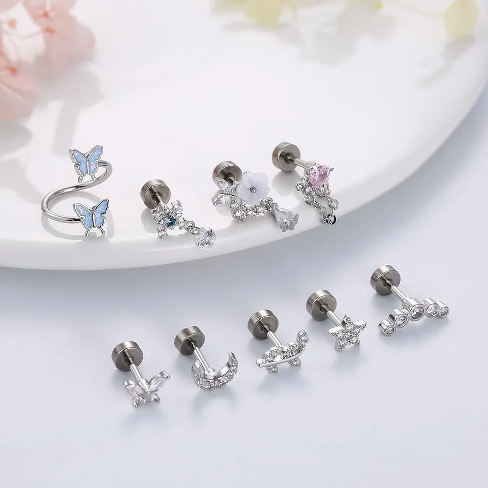 Bobisty 1PC 16G Cartilage Earrings Helix Earrings for Women Stainless Steel Helix Piercing Jewelry Leaf Butterfly CZ Studs