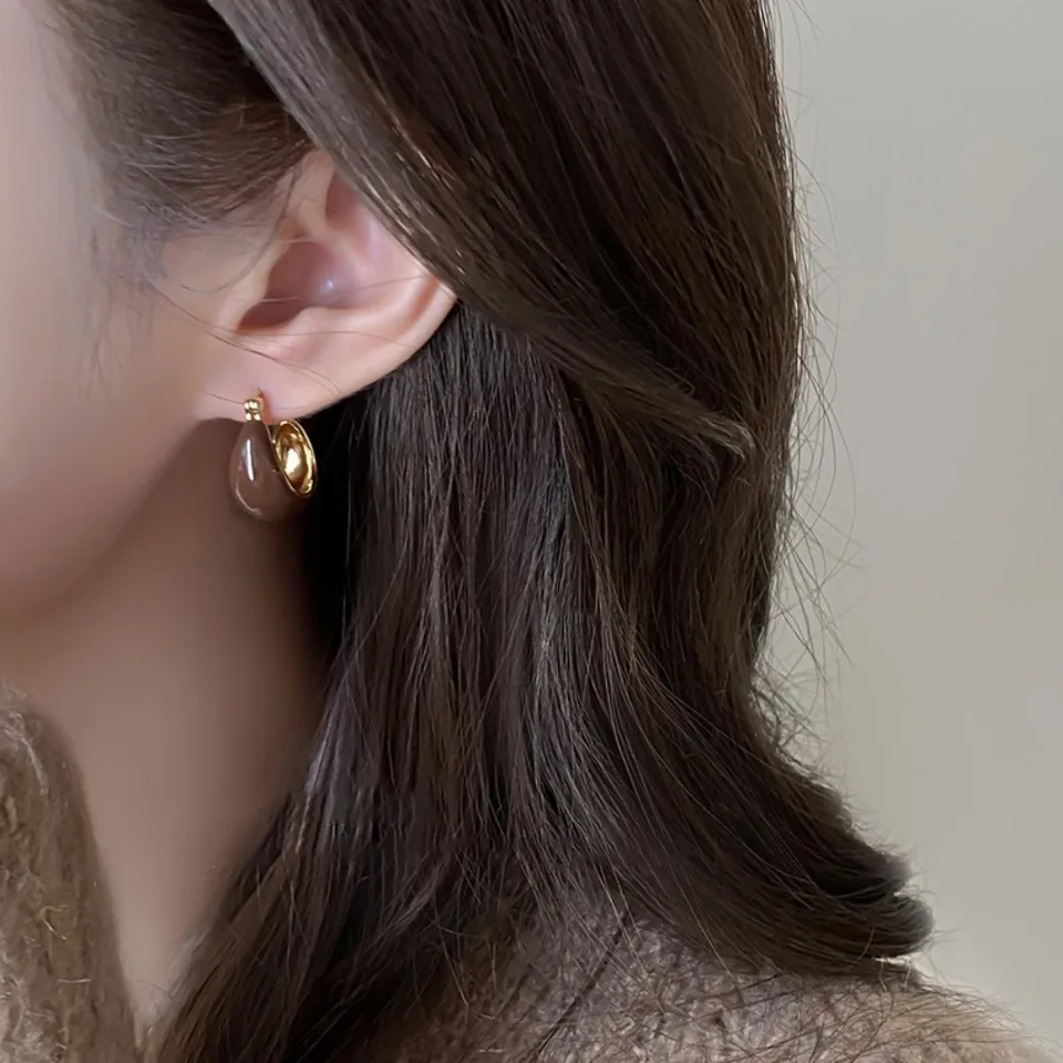Temperament Vintage Brown Enamel Zircon Hoop Earrings for Women Exquisite Stainless Steel Beaded Wedding Bride Jewelry Accessory