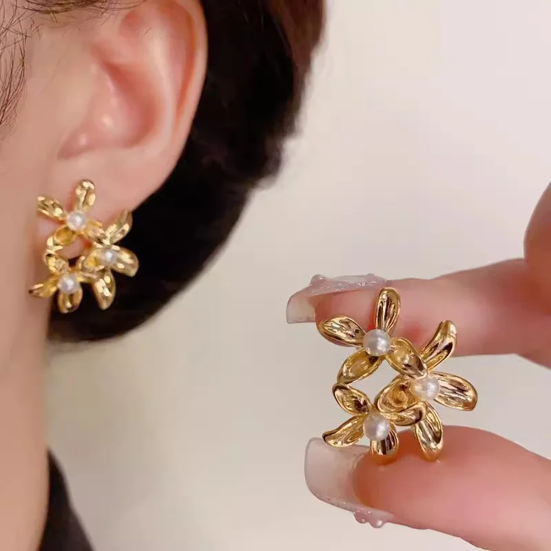 New 925 Sterling Silver Drop Earrings Golden Flower Petal Pearl Elegant For Women Girl Gift Jewelry Dropshipping Wholesale