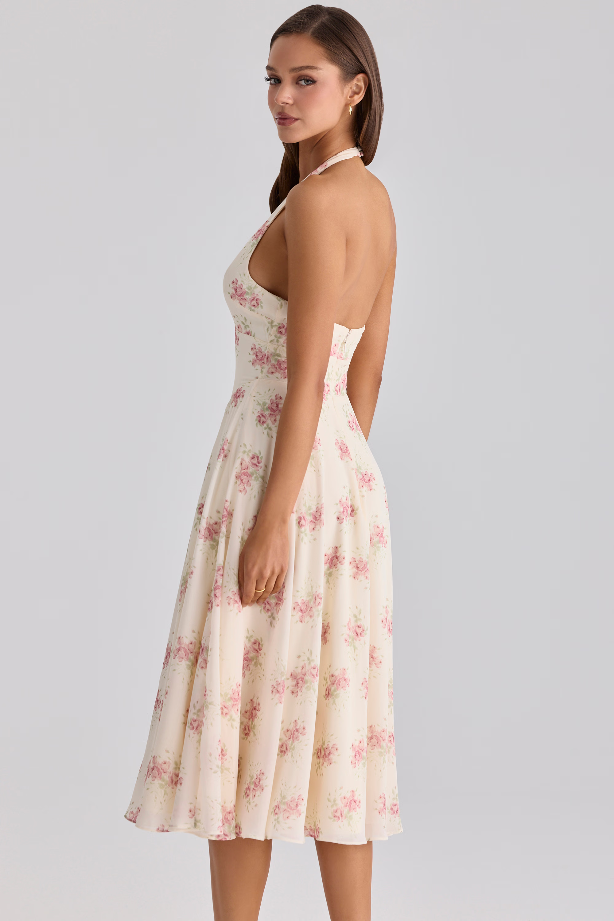 Ivory Vintage Rose Print Georgette Midi Halter Dress