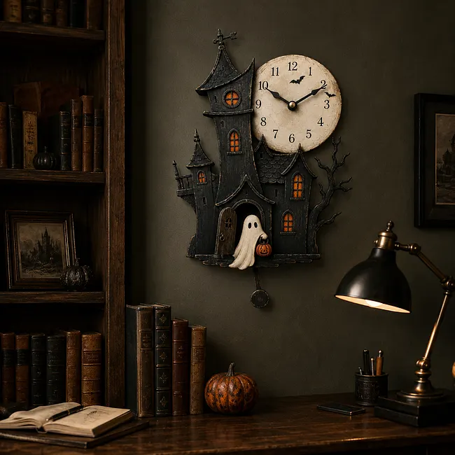 Haunted house clock in living room