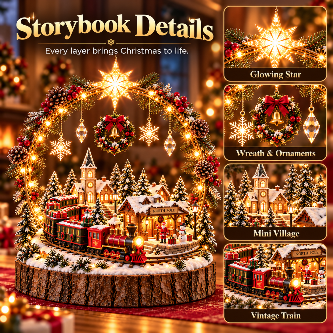 Christmas village design details with star ornaments snowy buildings and miniature train