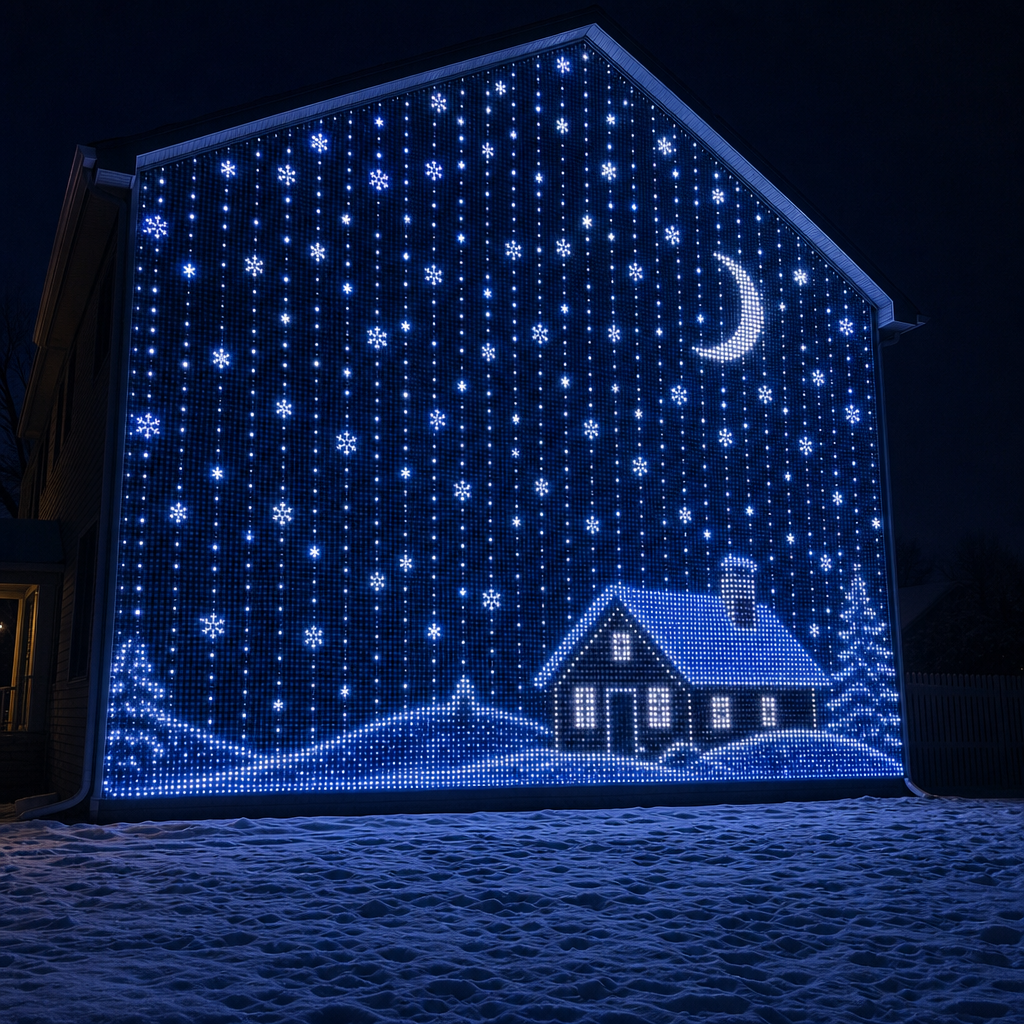 LumaWeb LED curtain light glowing at night