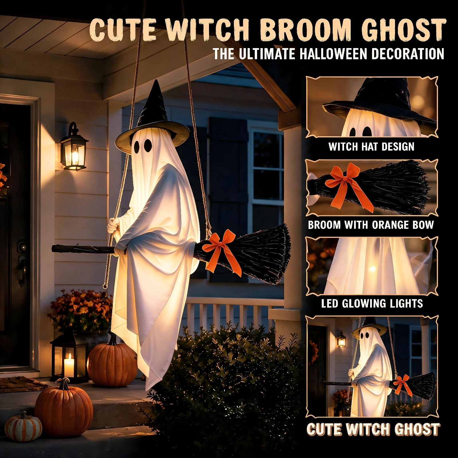 Clearance 5 FT Hanging Ghost Decor,Early Halloween Decorations Light-Up Flying Ghost on Broomstick with Witch Hat, Witch Broom, Spooky Cute Outdoor Halloween Decorations for Front Porch Yard Tree
