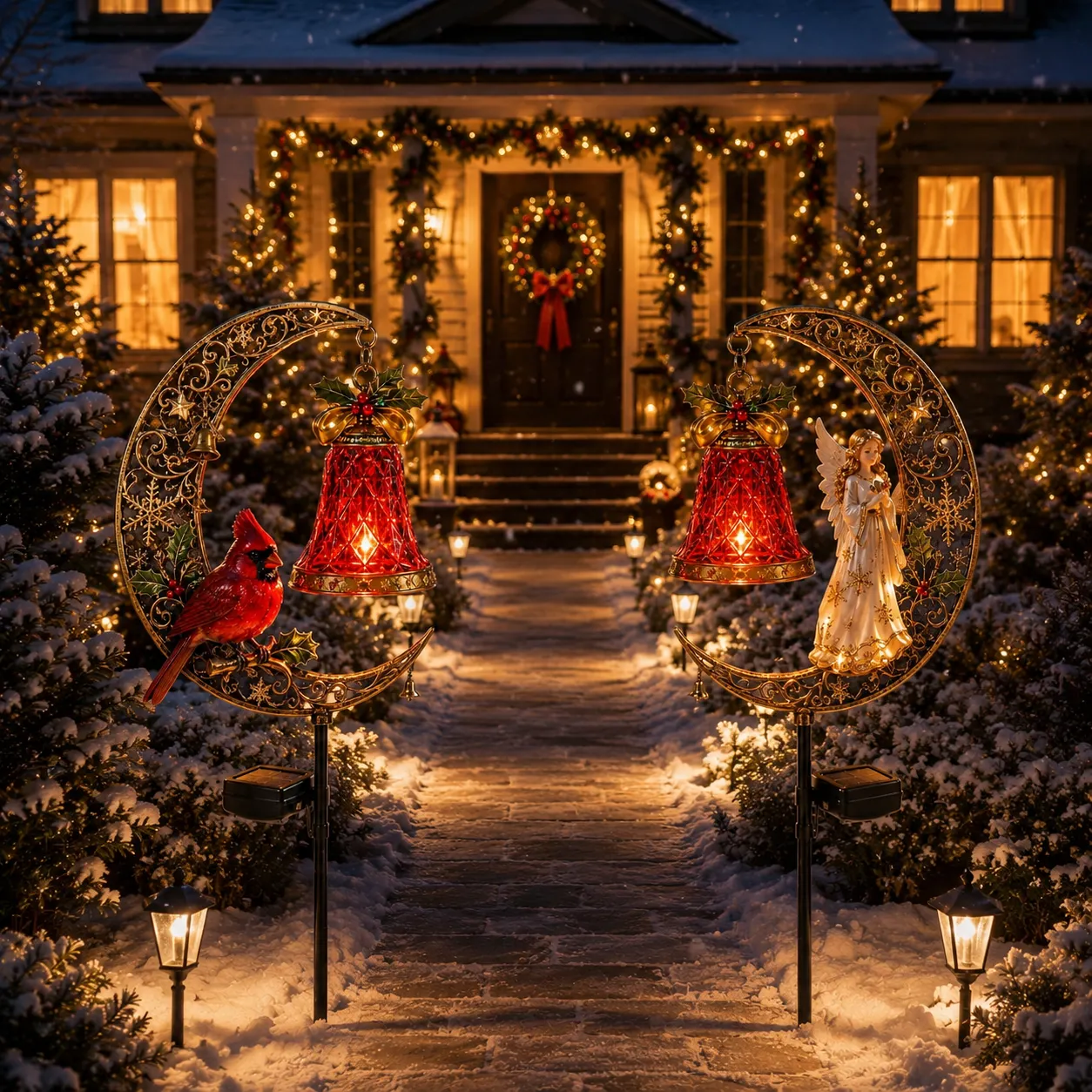 🌙 Christmas Crescent Moon Garden Stake Light – 3 Holiday Styles