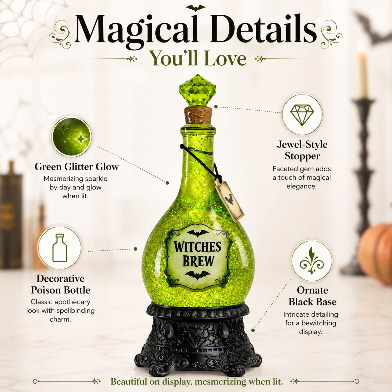 Summerween Poison Bottle Glitter Globe Green Light Up Halloween Decoration for Mantel, Coffee Table, Desk and Collector Shelf Display