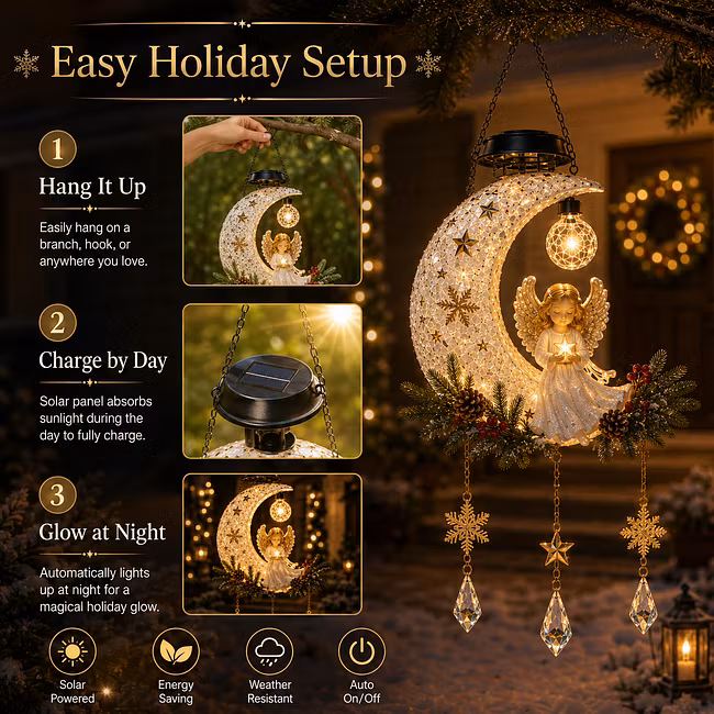 ✨ Angel Moon Christmas Solar Hanging Light – Warm Golden Glow