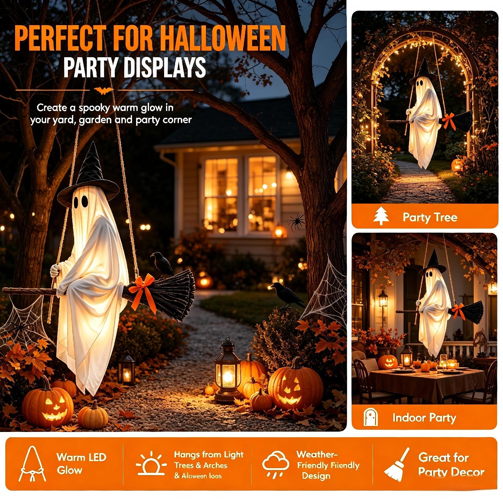Clearance 5 FT Hanging Ghost Decor,Early Halloween Decorations Light-Up Flying Ghost on Broomstick with Witch Hat, Witch Broom, Spooky Cute Outdoor Halloween Decorations for Front Porch Yard Tree
