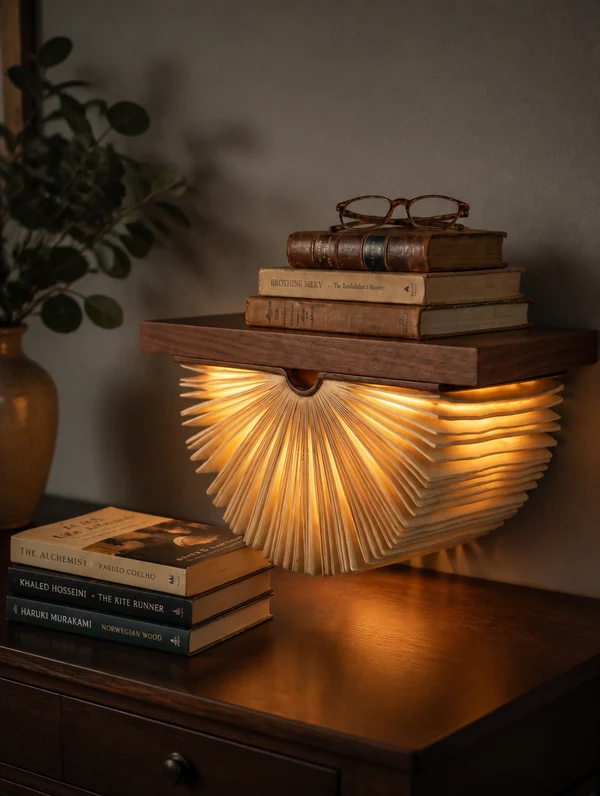 📖 Cordless Glowing Bookshelf – Solid Wood Reading Nook Light