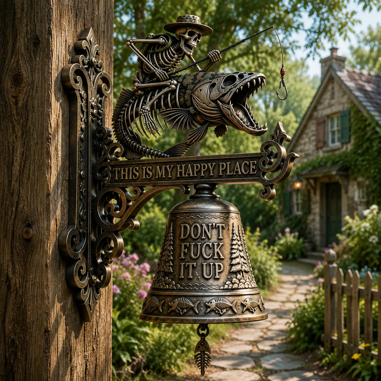 🎣 Metal Skeleton Fisherman Wall Bell – “This Is My Happy Place” Outdoor Décor