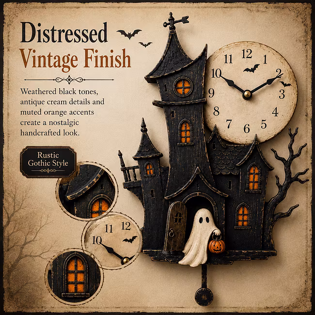 🎃 Vintage Haunted House Pendulum Clock – Storybook Halloween Wall Art