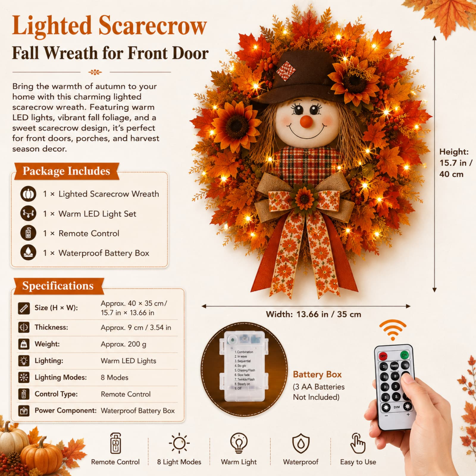 MYUNNIL Lighted Scarecrow Fall Wreath Farmhouse Vintage Reusable Waterproof