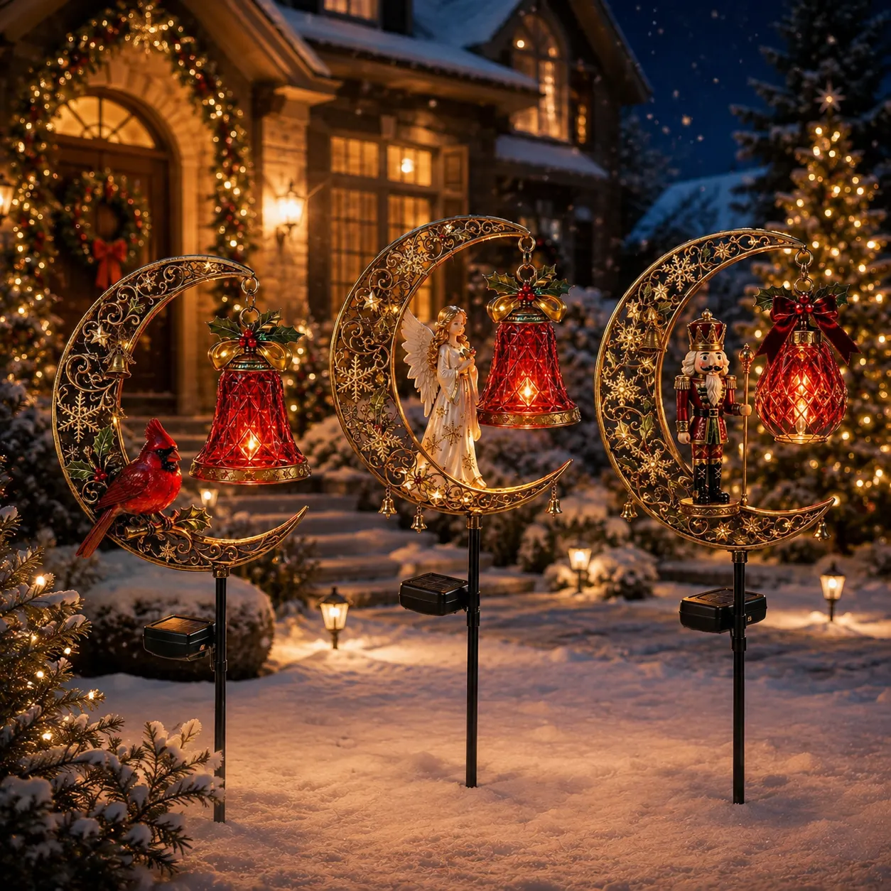 🌙 Christmas Crescent Moon Garden Stake Light – 3 Holiday Styles