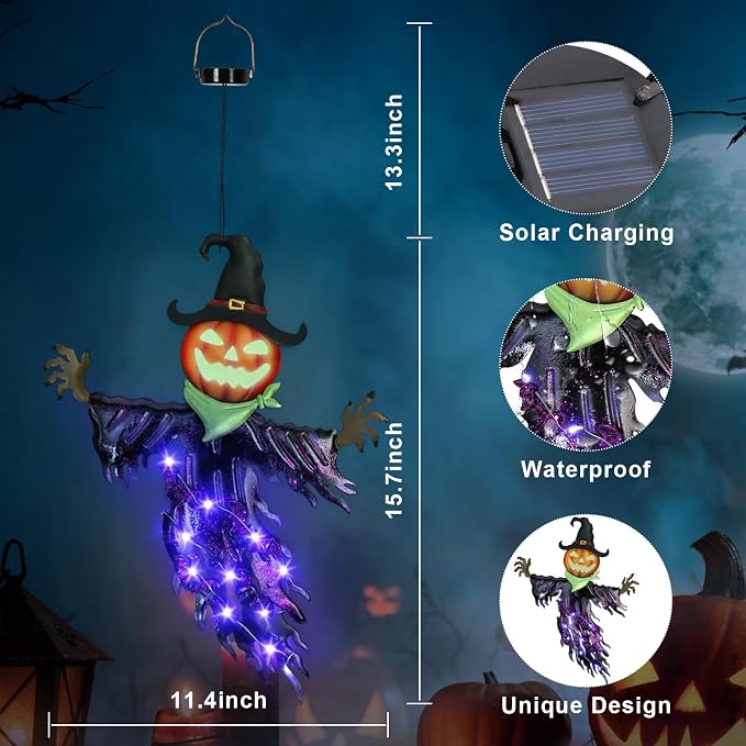 Purple pumpkin scarecrow solar hanging light with solar panel and product dimensions