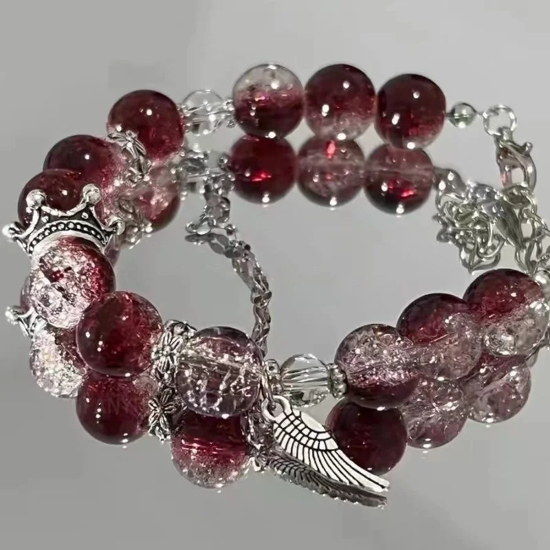 Creative Personalized Beaded Bracelet Red Crystal Feather Pendant Bracelet New Women Vintage Elastic Beaded Chain Accessories